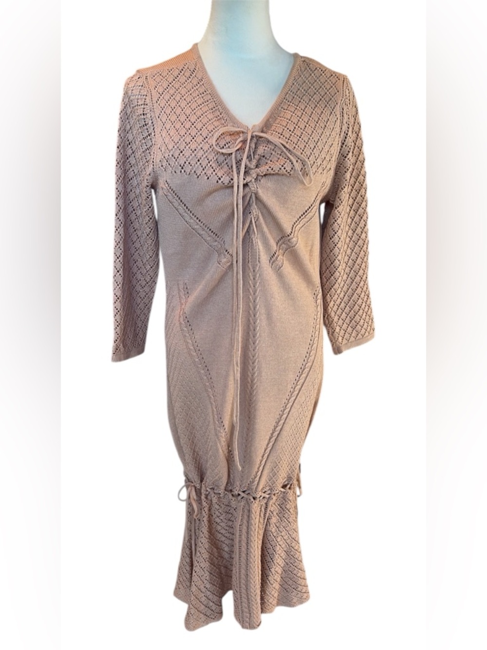 VENUS Lace-Up Knit Midi Dress in Tan